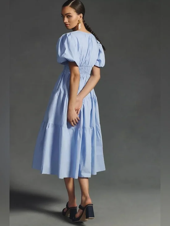 💫ANTHROPOLOGIE💫 Moon River Smocked Puff-Sleeve Dress - Picture 4 of 5